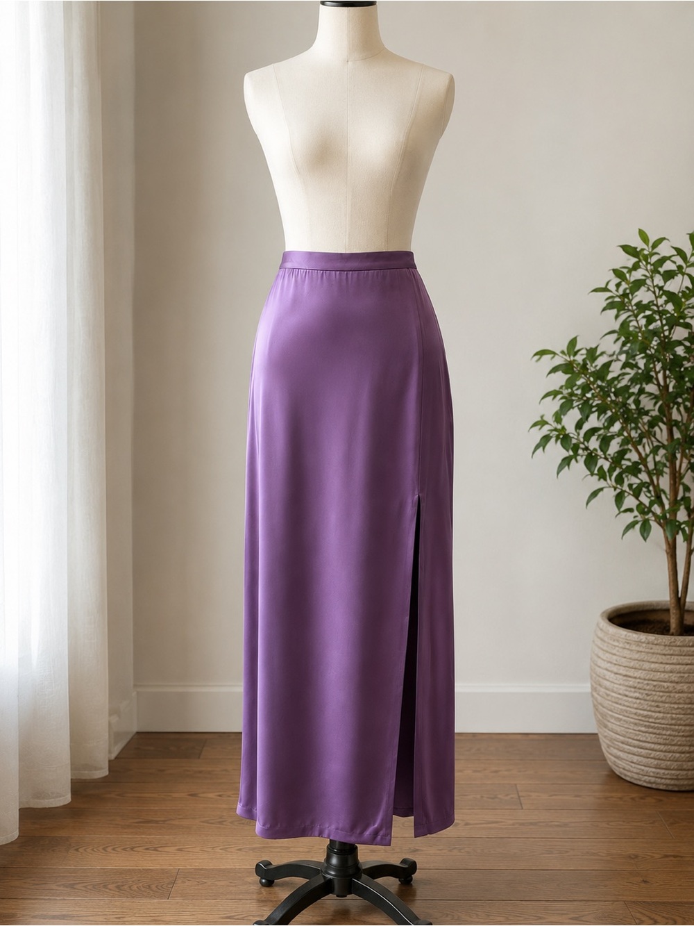 Riazee Purple 100% Silk Satin Maxi Skirt Lined Slit Zip Closure Size 12